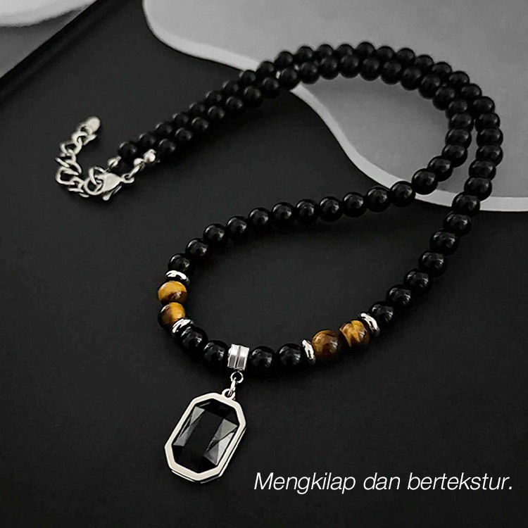 [HOT Promo] Kalung Pria Manik-manik Batu Hitam Akik Kalung Pria Keren Mata Harimau Obsidian - Membaw