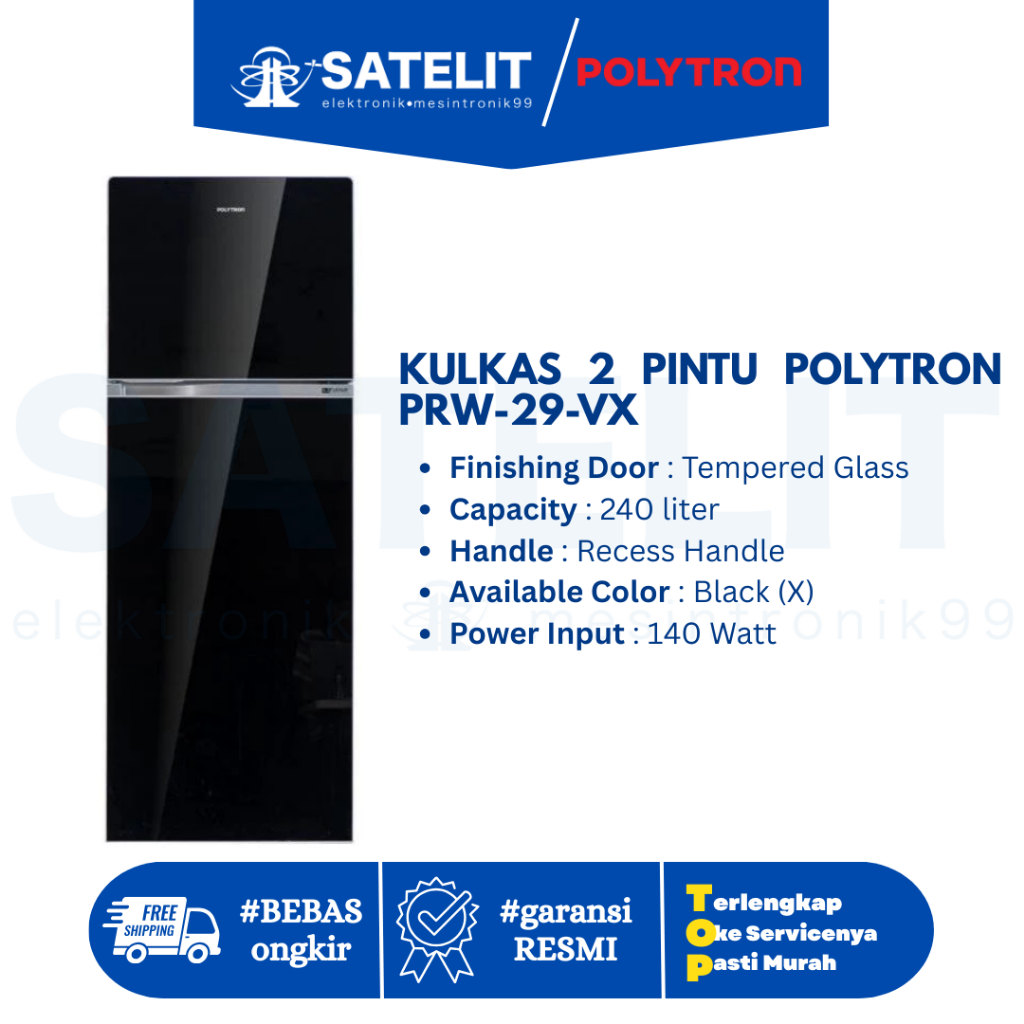 Polytron Kulkas 2 Pintu PRW 29VX / PRW-29-VX Belleza Jumbo Inverter Tempered Glass