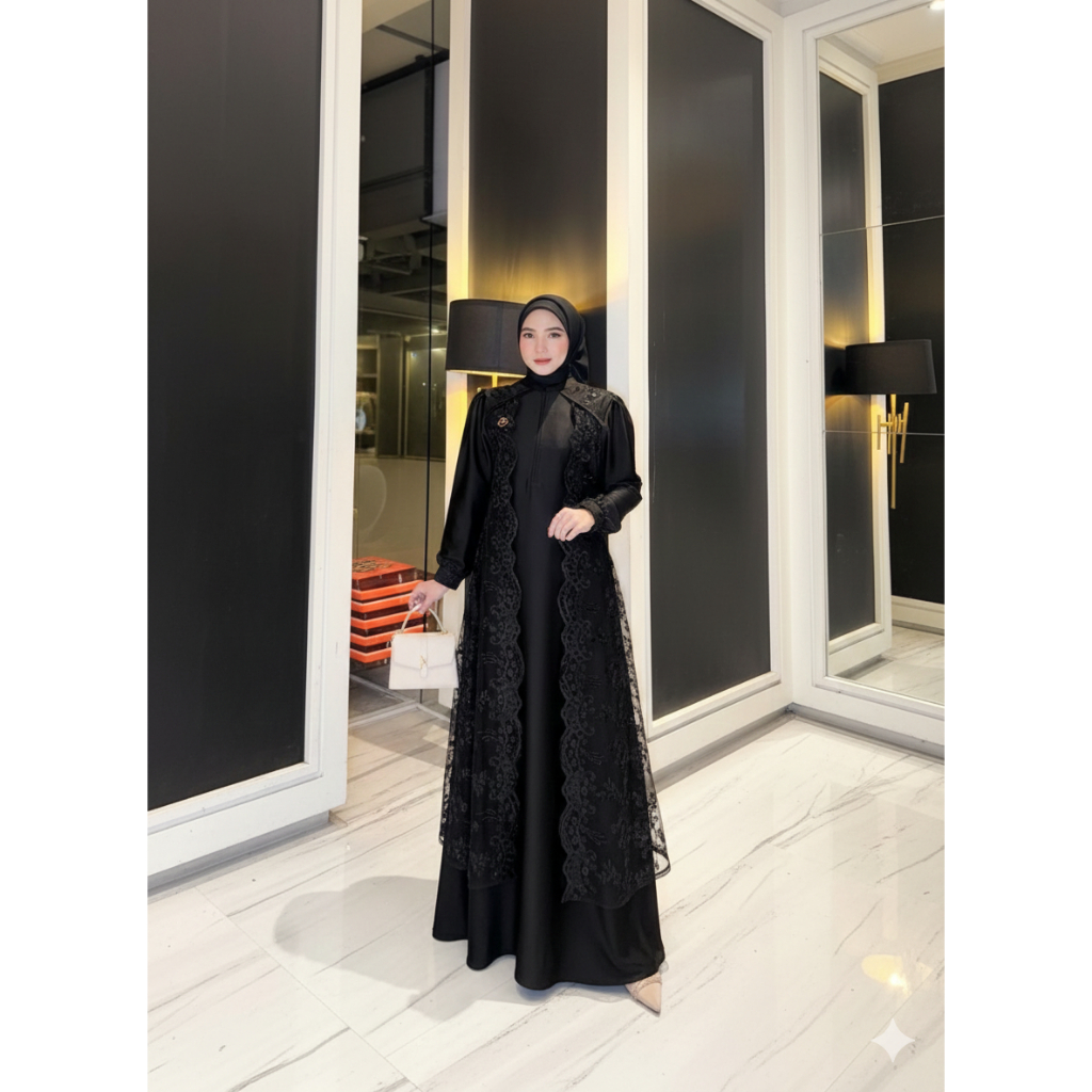 Gamis Lebaran 2026 Model Gamis Terbaru Davina Dress Kondangan Simple Elegan Bahan Velvet Mix Brokat 