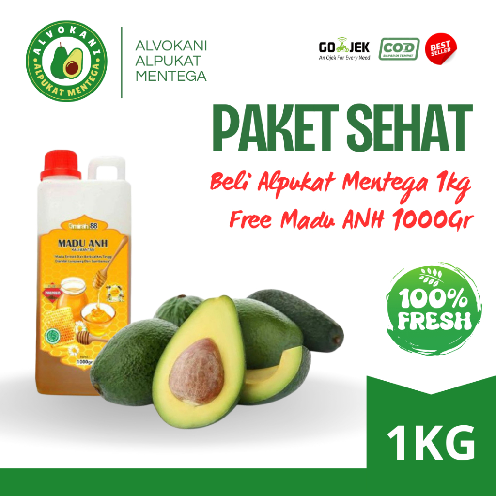 Alpukat Mentega Super 1kg + Madu Murni ANH 1KG Paket Sehat | Alpukat berkualitas & Madu Asli