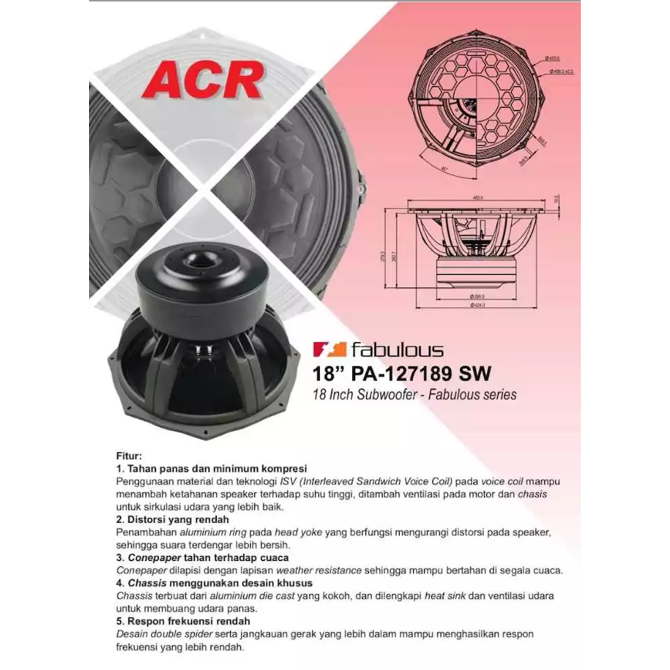 (peti kayu) Speaker Acr Fabulous 18 inch PA 127189 SW subwoofer triple magnet 5000 Watt Voice Coil 5 inch