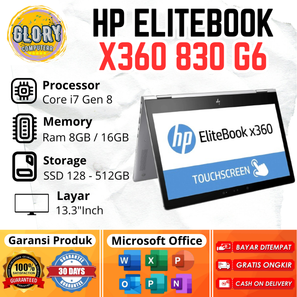 HP Elitebook X360 830 G6 Core i7 Gen 8 Ram 8GB / 16GB SSD 128GB / 256GB / 512GB, Layar 13.3"Inch FHD