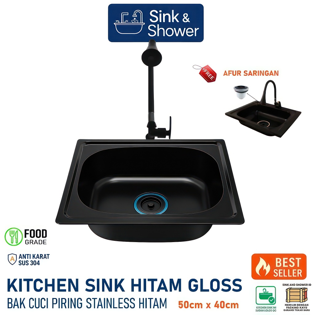 Bak Cuci Piring Stainless Steel 50cm Fullset || Wastafel Kitchen Sink Stainless Hitam Paket Lengkap