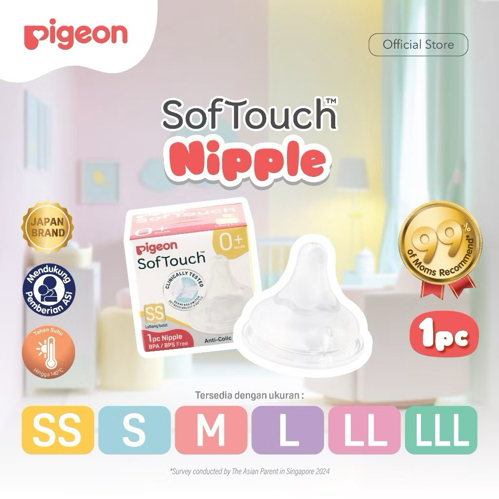 PIGEON SofTouch Nipple Dot Wide Neck - 1pc Box | Pilih Size | Dot Seperti Payudara Ibu | Elastis & L