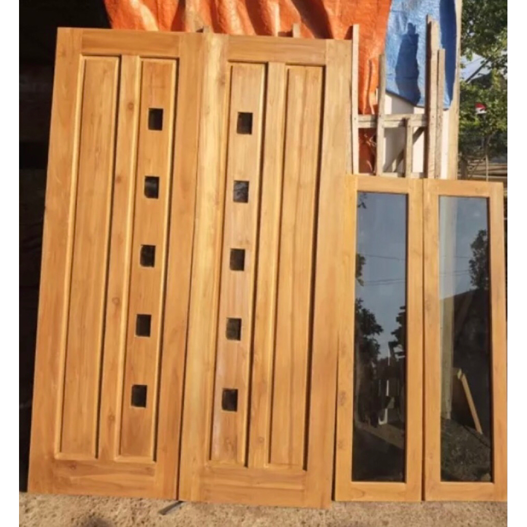 2 pintu kayu jati+2 jendela kayu jati+kusen lengkap