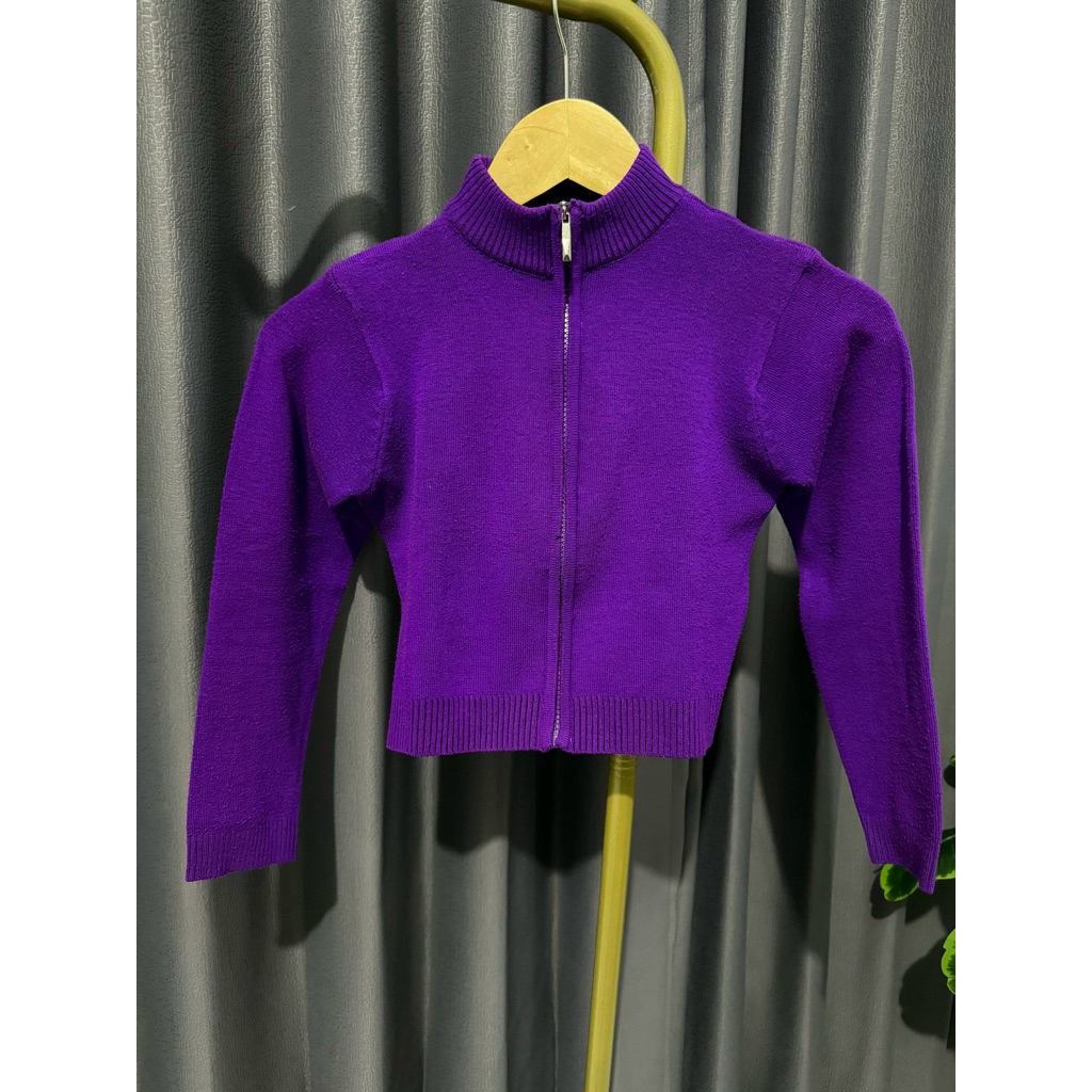 Preloved cardi knit crop ungu wanita | cardi knit lengan panjang timeless | cardi knit wanita kekini