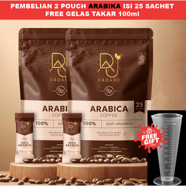 FREE GELAS UKUR, KOPI BADARU ARABIKA ROBUSTA 2pouch 25sachet/100gr, espresso instant tanpa ampas 100
