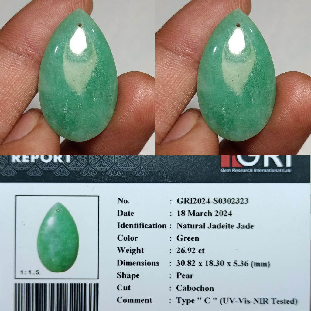 NATURAL JADEITE JADE GIOK TYPE - C PEAR MEMO GRI LAB