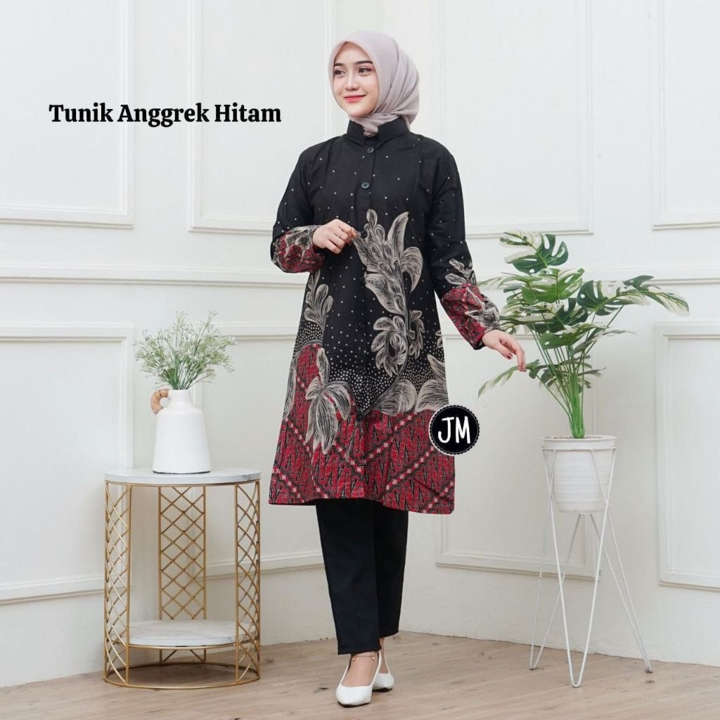 (OBRAL) TUNIK KATUN MOTIF ANGGREK HITAM