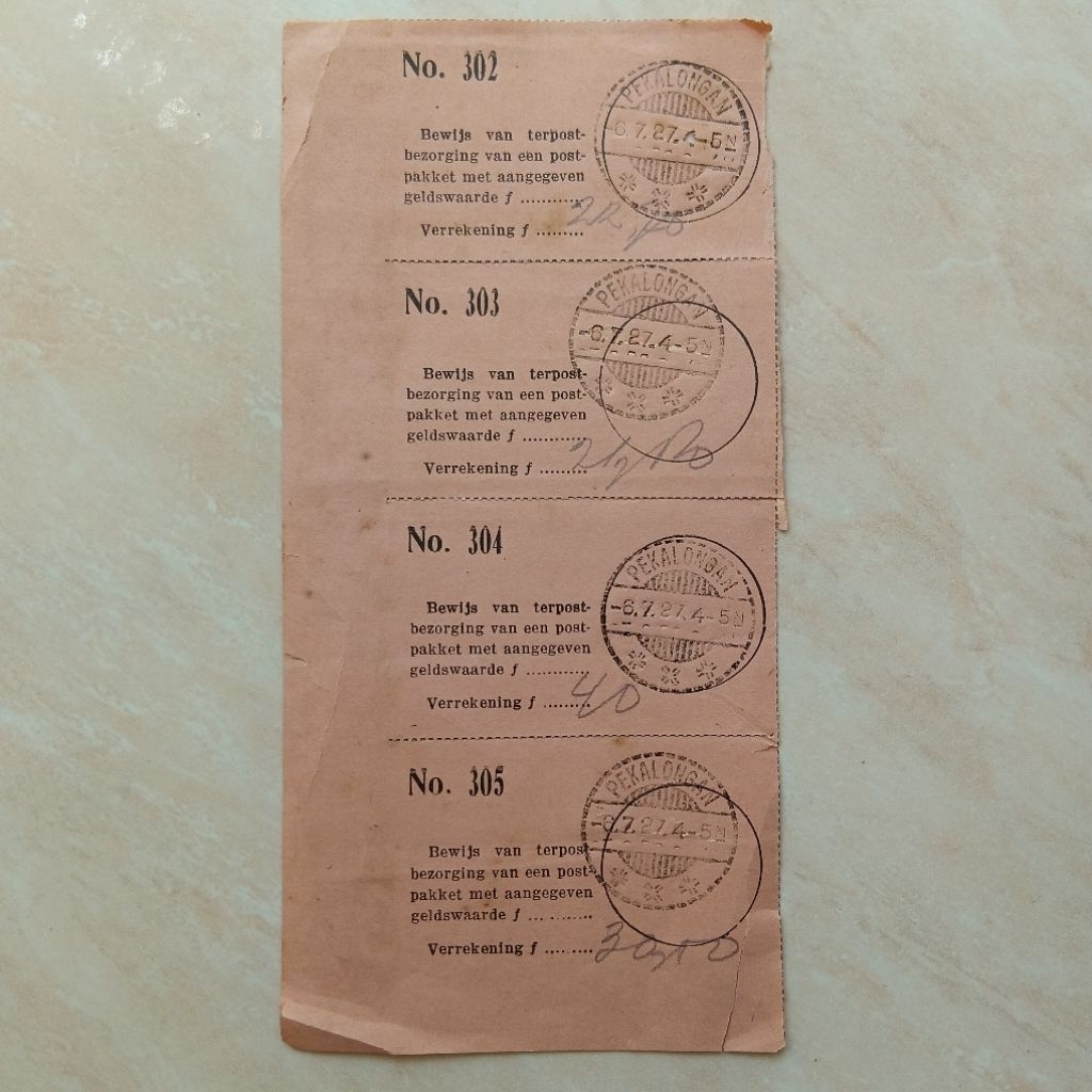 Koleksi Dokumen Arsip Kuno Tua Nota Pengiriman Paket Pos Pekalongan Era Nederland Indie 1927 - YN298