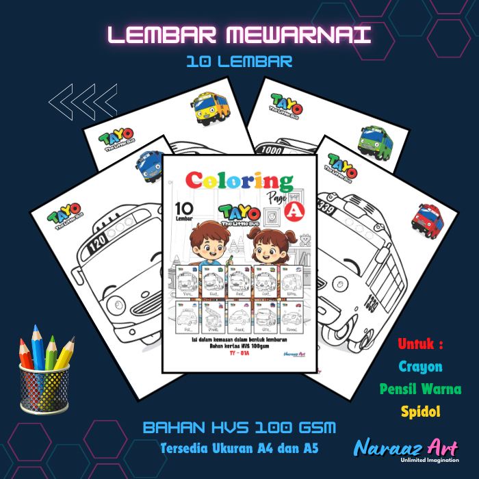 TY-01 Mewarnai Gambar Tayo Untuk TK SD PAUD Bahan Kertas HVS 100gr Bukan Buku Mewarnai Anak
