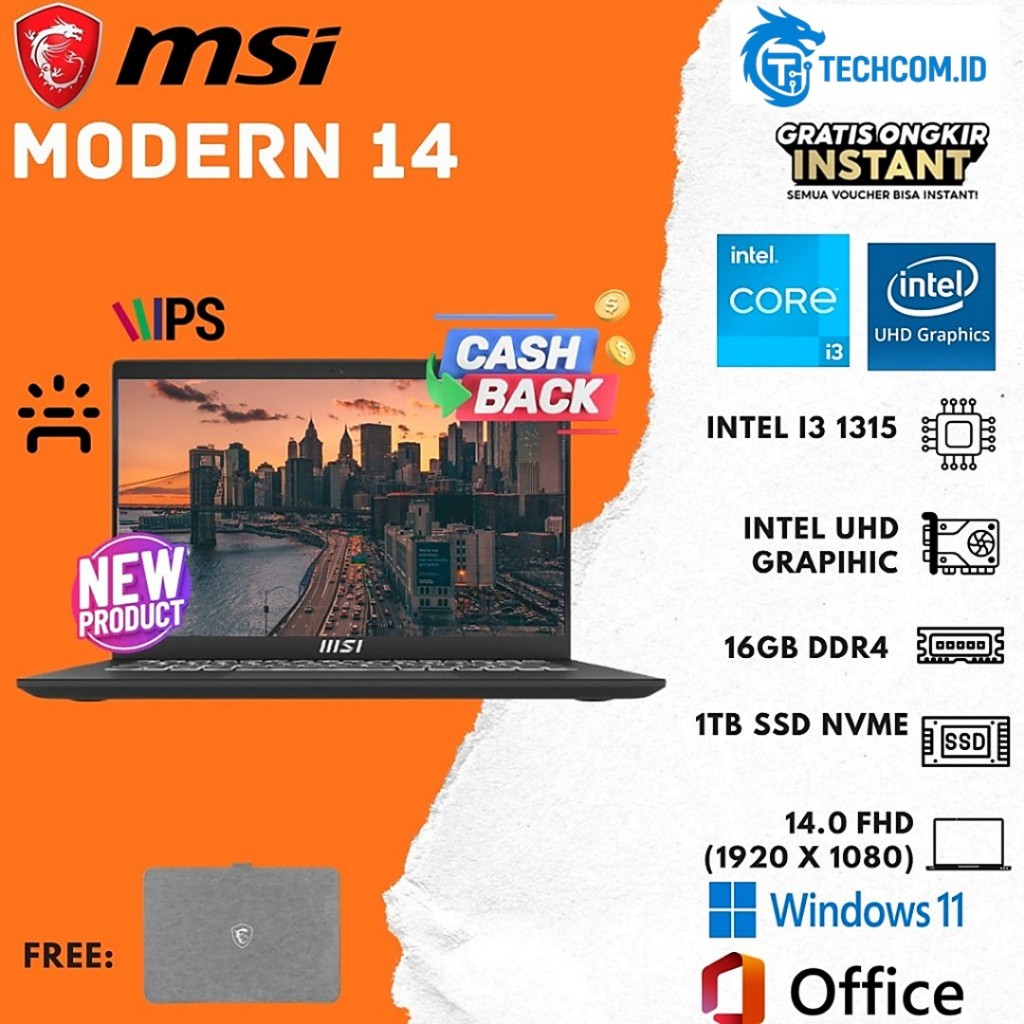 Laptop MSI Modern 14 I3 1315 16GB 1TB SSD W11 14.0FHD BLIT IPS