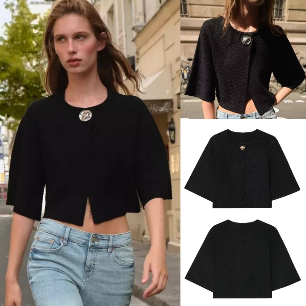 Black Single Button Knit Crop Top  79256 (TEN)