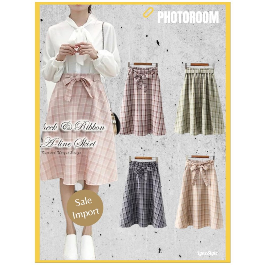 Rok Wanita Midi Skirt Tartan Ribbon Pink Brown Green Black Khaki Style Korea Jepang Import