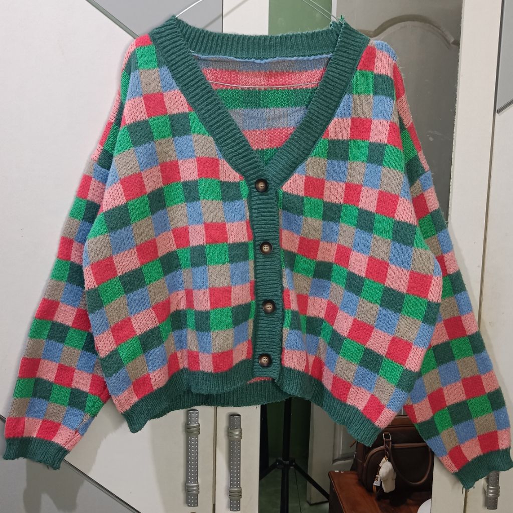 Multicolor Square V Neck Cardigan