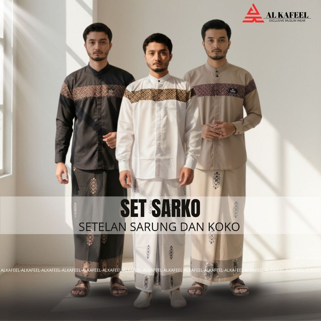 Alkafeel Paket Sarko Set Sarung Dan Baju Koko Muslim Pria Lengan Panjang Satu Paket Sarung Dan Koko