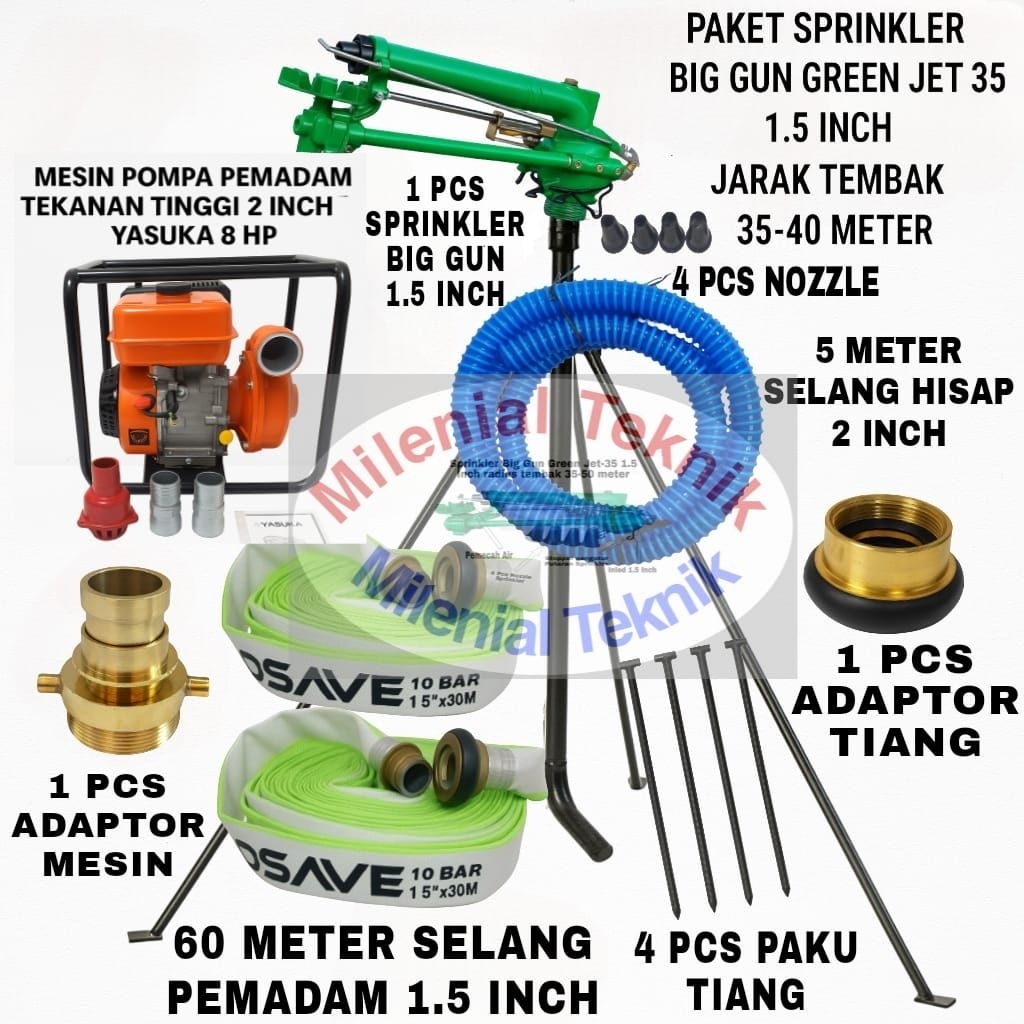 Paket Sprinkler Big Gun JET 35 1.5 Inch  Jarak Tembak 35-40 Meter + 60 meter selang pemadam + adapto
