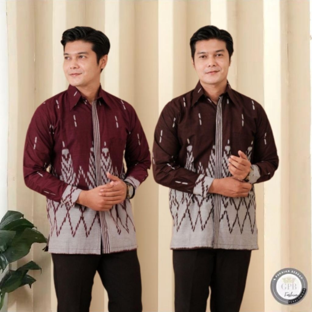 Kemeja Pria Motif Tenun Etnik Troso Lengan Panjang Katun Hem Modern M L Xl Jumbo