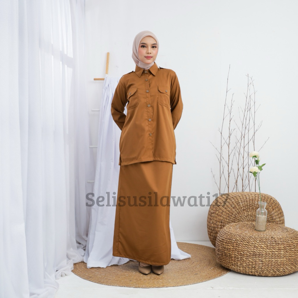 Seragam PEMDA PNS Wanita Baju Dinas Khaki Tua Kemeja Saku Dada