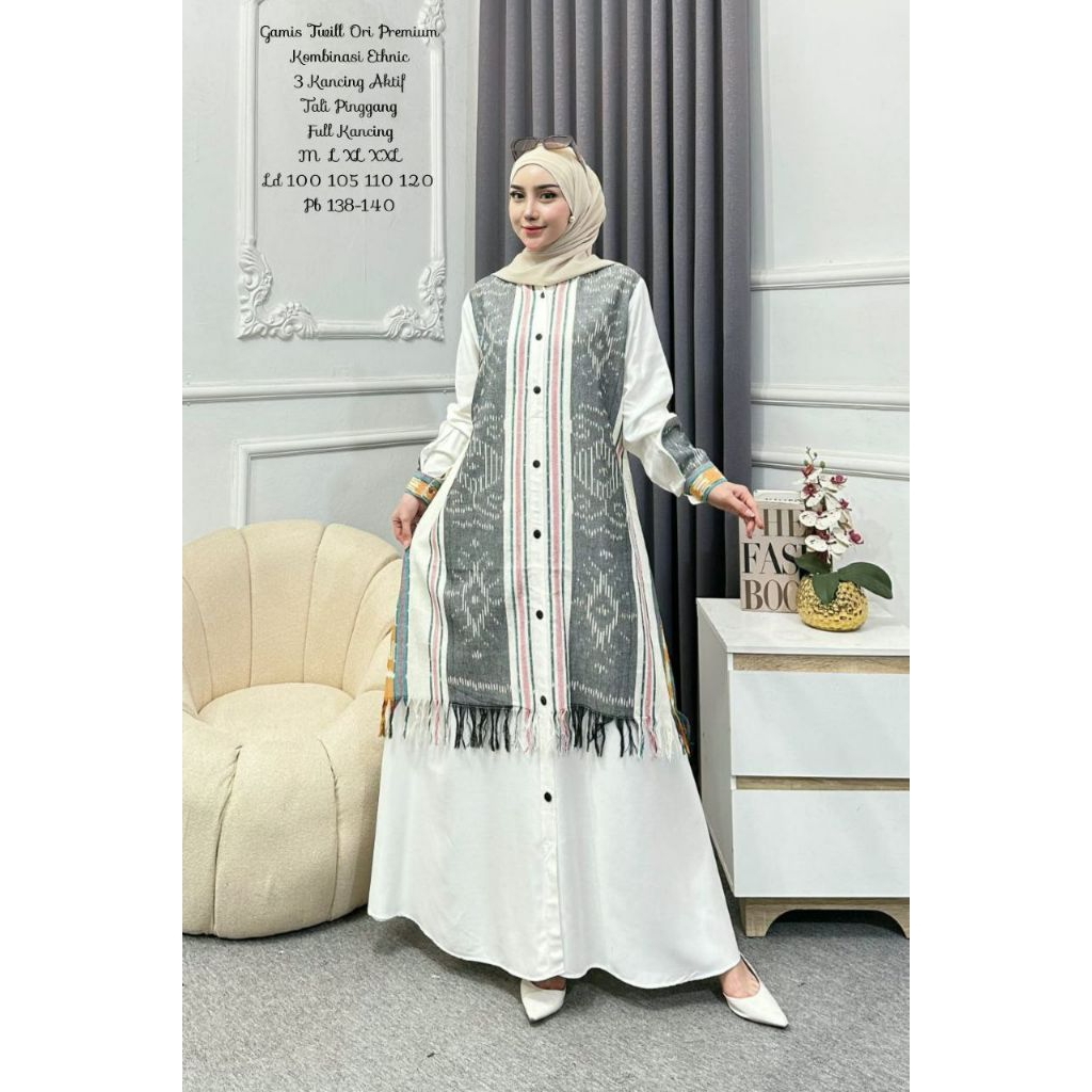 Gamis Twill ORI Motif Etnik kombinasi tenun Troso Terbaru