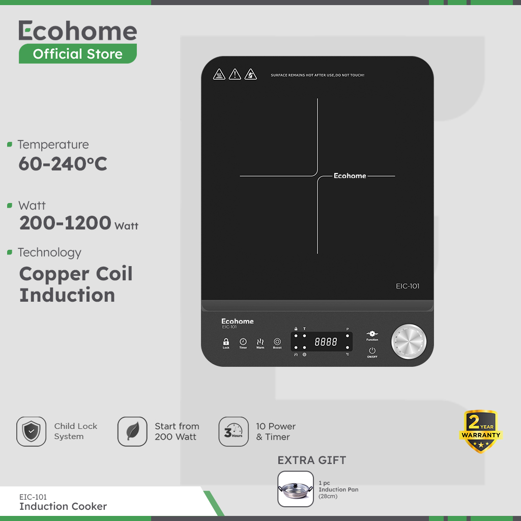 ECOHOME Induction Cooker EIC101 Kompor Induksi Low Watt with Durable Crystal Glass Screen