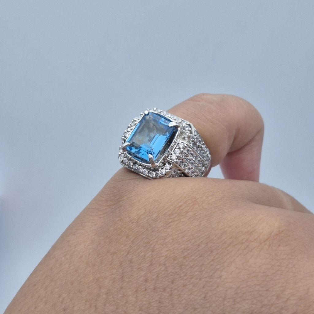 Cincin perak batu Natural Swiss Blue Elektrik Topaz, ukuran jari bisa disesuaikan (freesize), natura