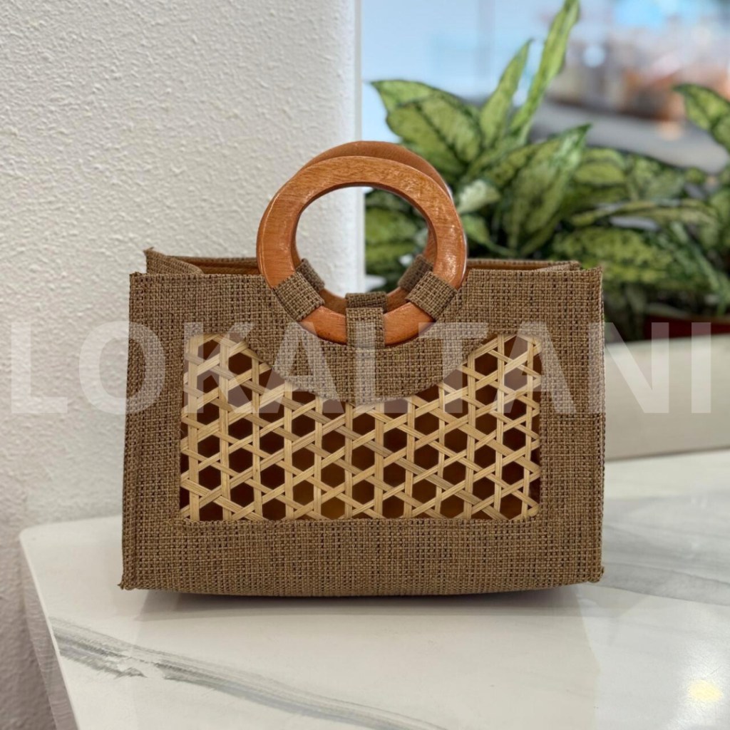 Tas Goni Hampers Kue Kering / Tas Mix Anyaman Bambu Handle Kayu / Tas Hampers Imlek CNY