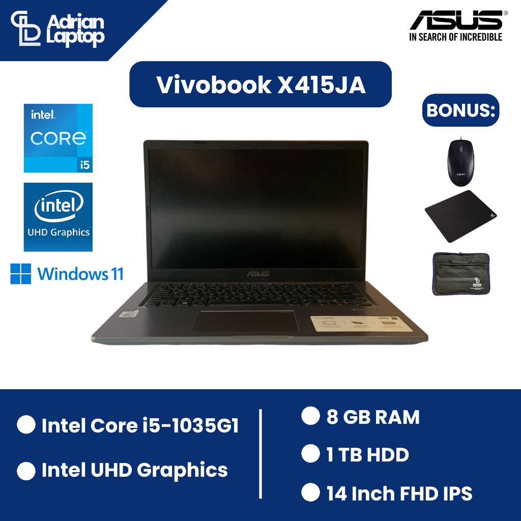 Laptop Second Asus Vivobook X415JA | Intel Core i5-1035G1 RAM 4 GB HDD 1 TB Layar 14 Inch | Mulus & 