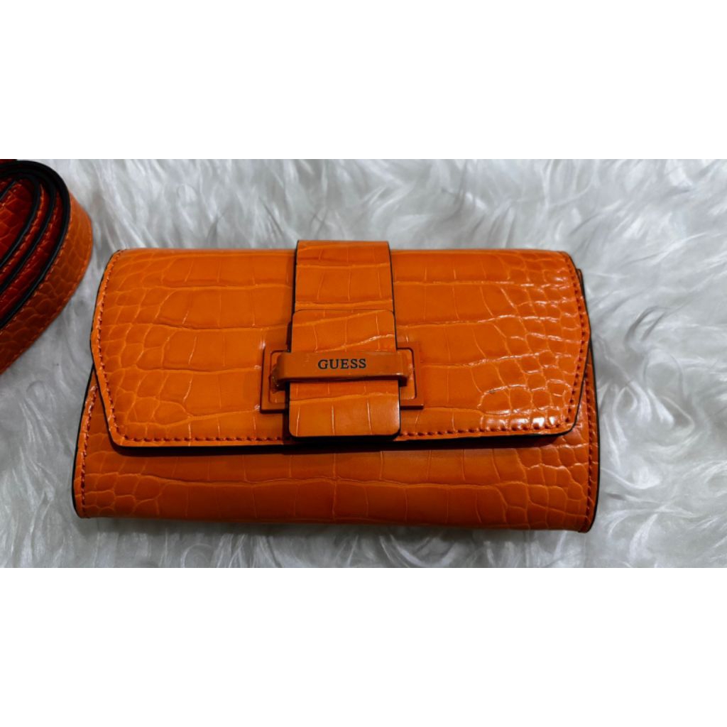 NEW GUESS CROCO IN ORANGE WAISTBAG FLAP CLUTCH ORIGINAL AUTHENTIC