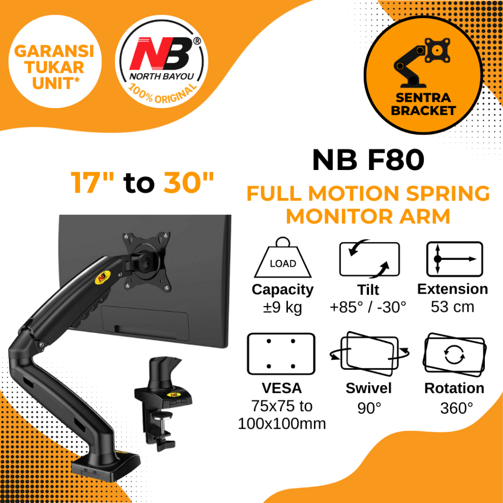 Bracket Arm North Bayou NB F80 Full Motion Gas-Strut untuk Display TV Monitor LED LCD OLED 17"-30"