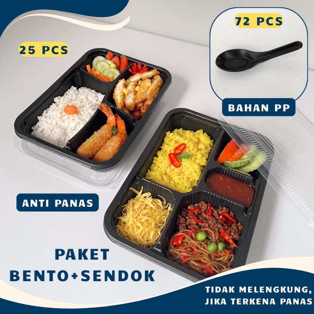 Paket Thinwall Bento TUPAI Hitam Sekat 4, Sekat 5 + Sendok Thinwall Bento Hitam / Kotak Bekal Hitam 