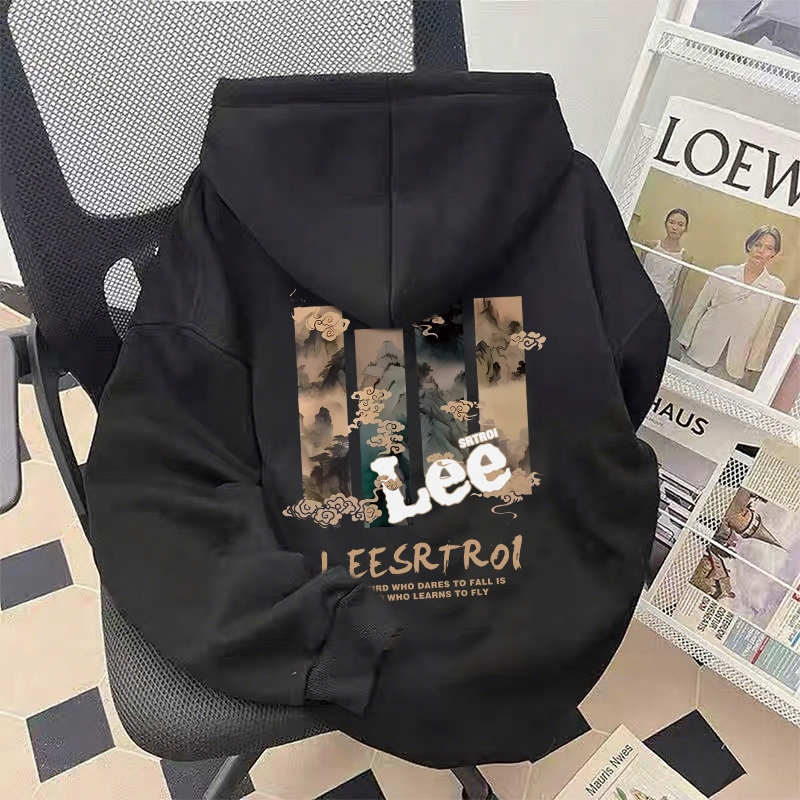 Disneay Hoodie Boxy Pria | Retro LEE Cetakan Mode Graphic Printed Hitam Sweater | 100% Cotton | Hood