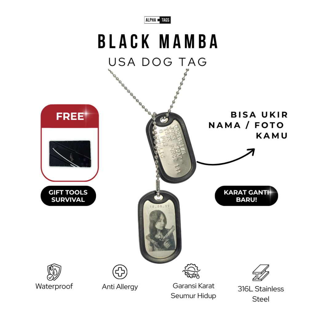 ALPHA TAGS - Dog Tag 1 Keping - Tags Only Dogtags Standar Amerika - Custom Kalung Militer Tentara Ab