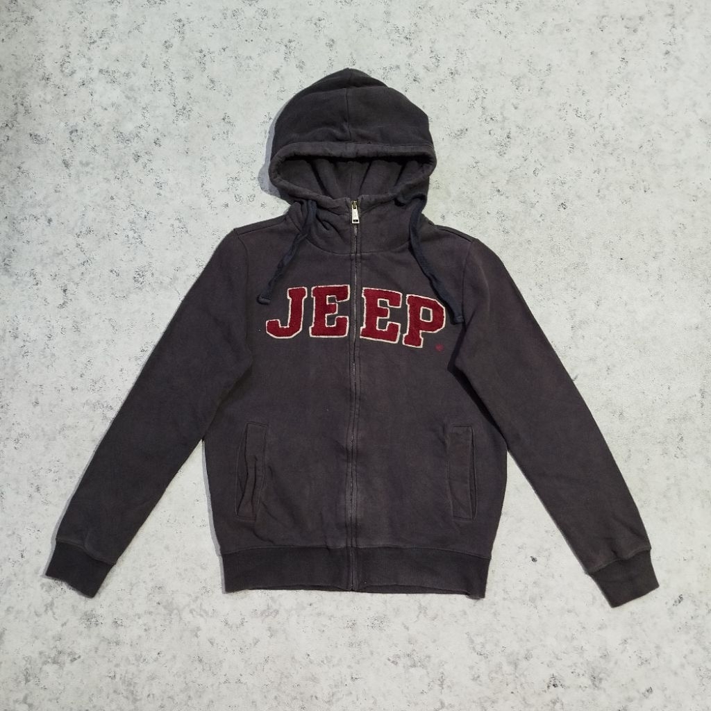 Pullover hoodie zip pria JEEP Dark Brown Casual Vintage Logo depan timbul bahan tebal hangat size M