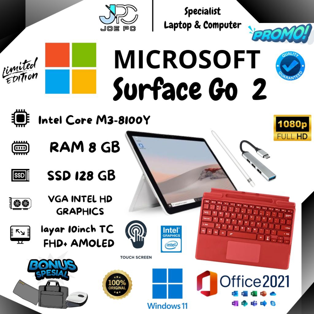 Laptop Tablet Microsoft Surface Go 2 Intel Core M3-8100Y RAM 8GB SSD 128GB Layar 10inch FHD+ IPS Pan