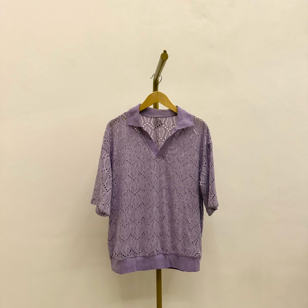 PRELOVED Lilac Purple Open Stitch Knitted Short Sleeve Collar Shirt Polo Fashion Wanita Oversized
