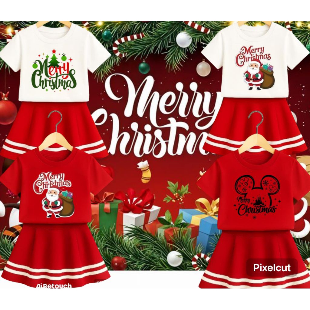Setelan Rok List Spesial Natal/ Setelan Baju Anak perempuan Tema Natalan lucu untuk usia 1-10 tahun