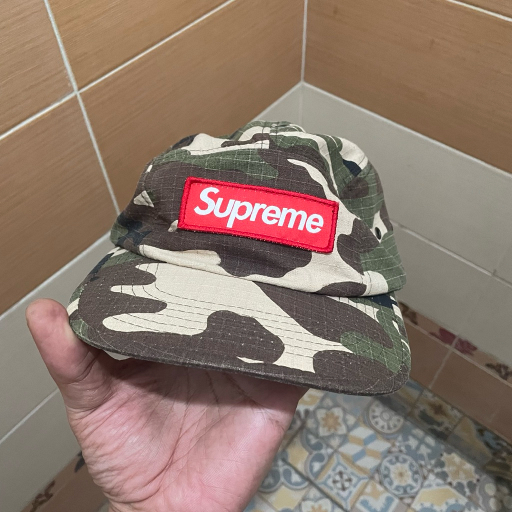 topi preloved 5 panel supreme camp cap ripstop camo second