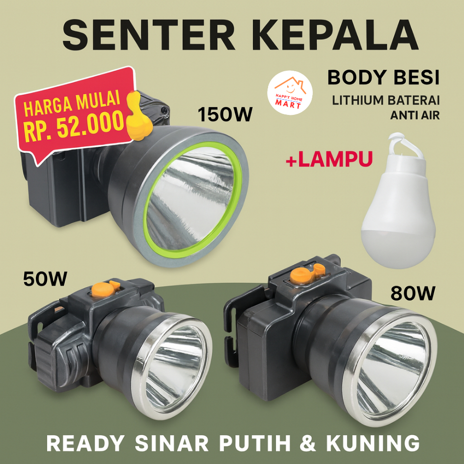 Senter Lampu Kepala Head Lamp Body Aluminium Nyala Putih Kuning 50Watt / 80Watt / 150Watt
