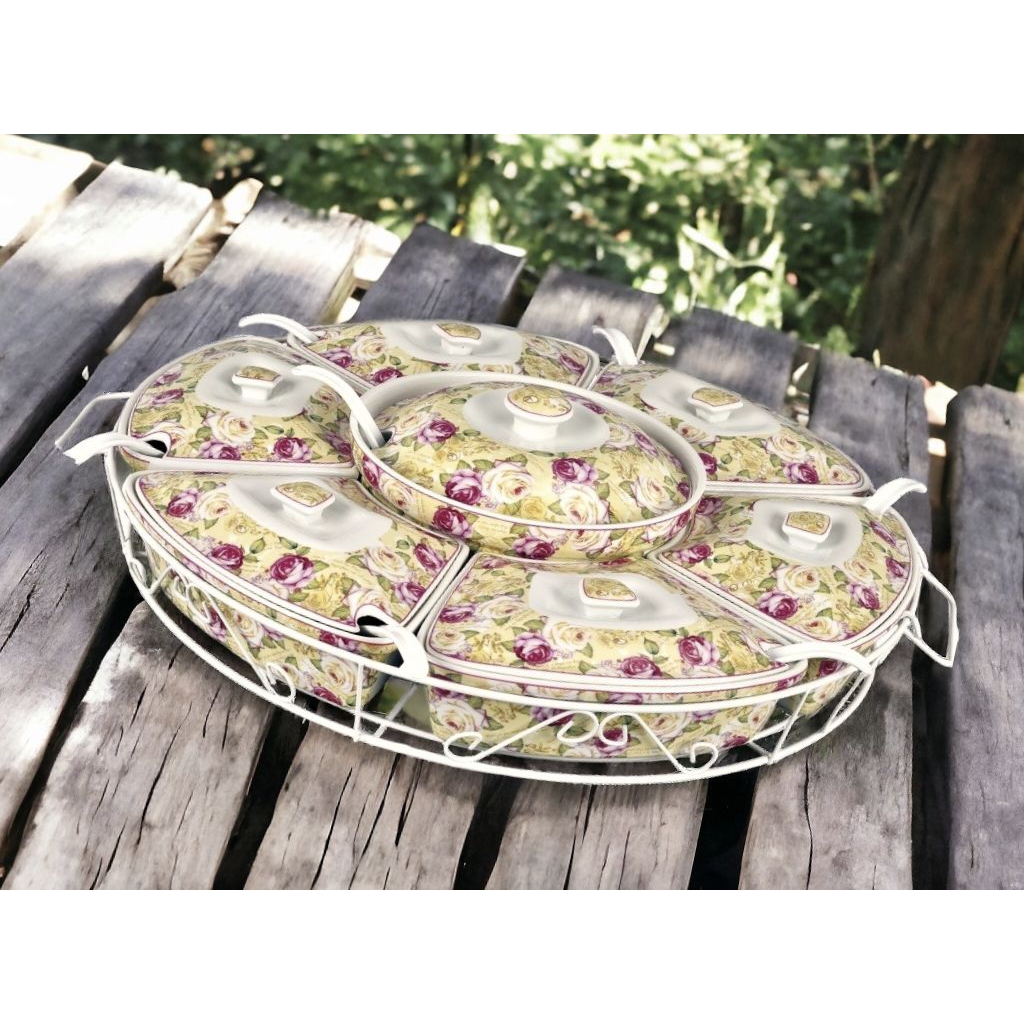 Prasmanan VICENZA, wadah saji makanan BA412 Mawar tempat saji dengan 1 mangkok besar dan 6 mangkuk p