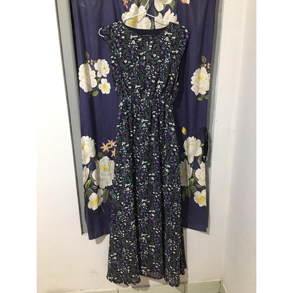 Prelove Dress Wanita Motif Bunga Lengan Panjang Gonegani – Flow Dress Casual Hitam