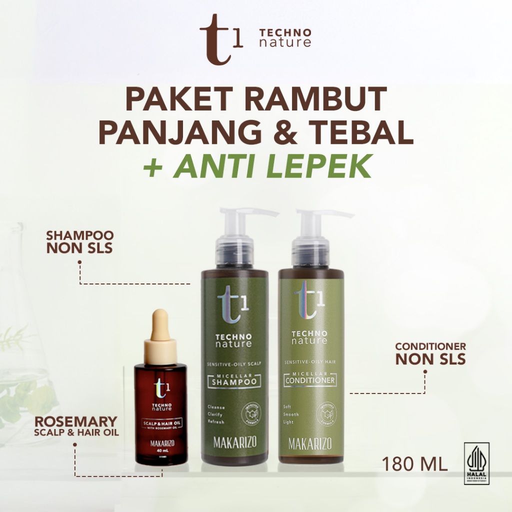Paket Rambut Panjang & Tebal + Anti Lepek | T1 Techno Nature Rosemary Oil + Shampoo + Conditioner