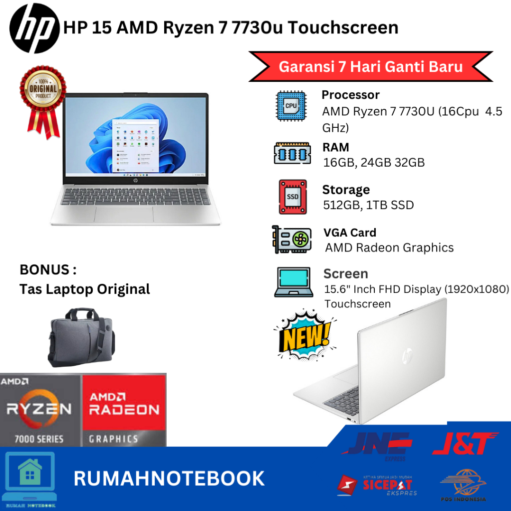Laptop Baru Hp 15 AMD Ryzen 7 7730U 4.5 Ghz (16 cpus) RAM 16GB Touchscreen