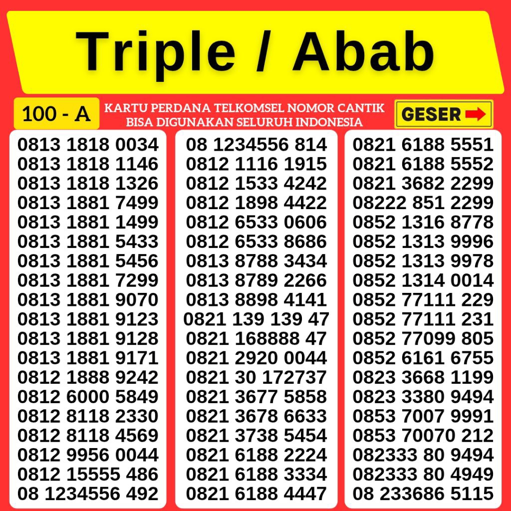 Kartu Perdana Nomor Cantik Telkomsel Triple Abab Triple Nomor Cantik Simpati Kwarted Panca Support 4