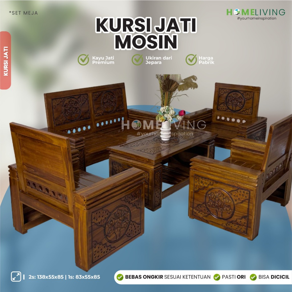 HOMELIVING FURNITURE - SET KURSI MEJA JATI MOSIN JEPARA - UKIRAN PREMIUM