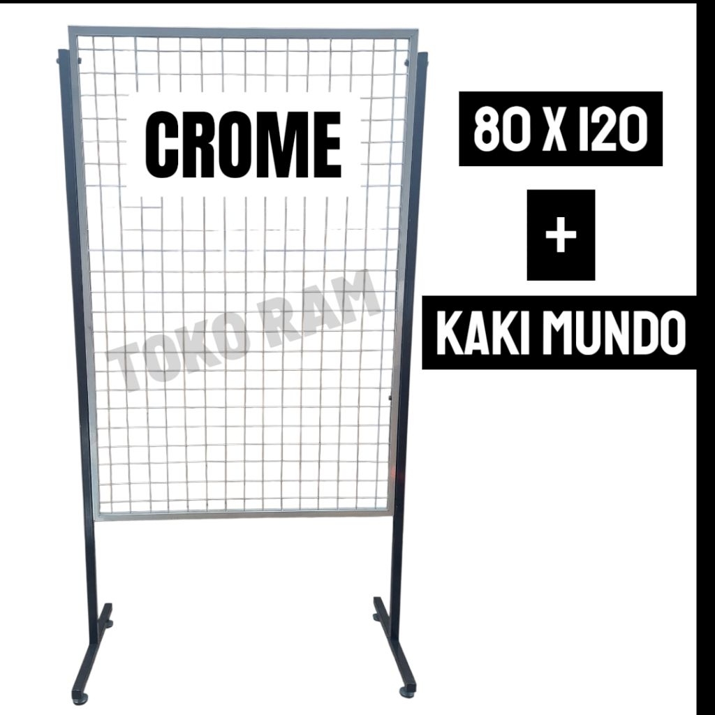 80 x 120 + KAKI MUNDO ram jaring besi crome pajangan ram display aksesoeis serbaguna