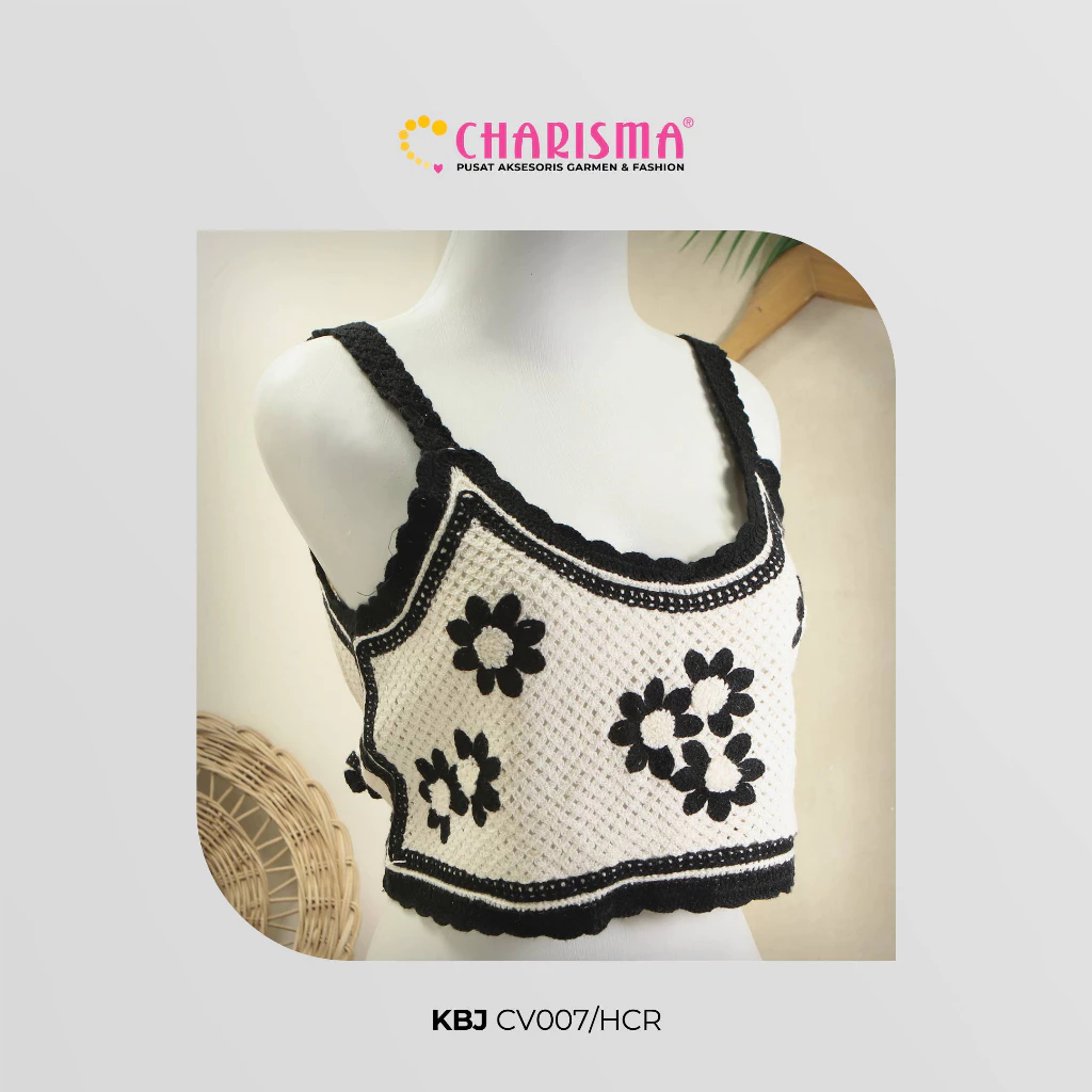 Charisma Rompi Rajut Hitam cream KBJ CV007 - Rompi Crop Wanita / Outer Rajut Wanita