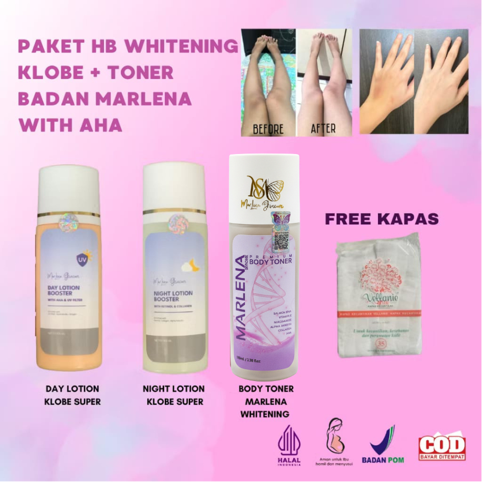 PAKET isi 3 SUPER WHITENING HB KLOBE STRONG SIANG MALAM DAN TONER BADAN MARLENA FREE KAPAS