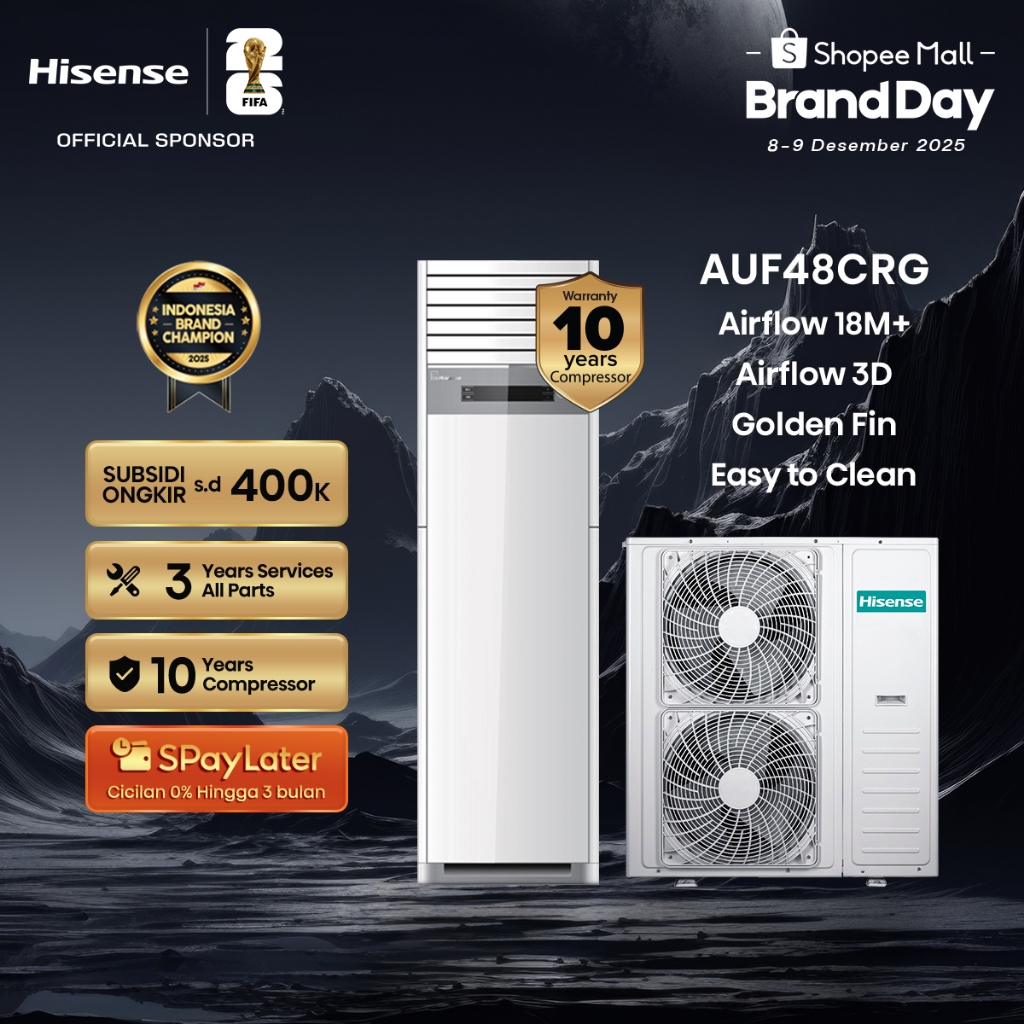 Hisense AC AUF48CRG Inverter 5 PK Floor Standing Air Flow Jarak Hingga 18M Lebih Pendinginan 4D Ruan