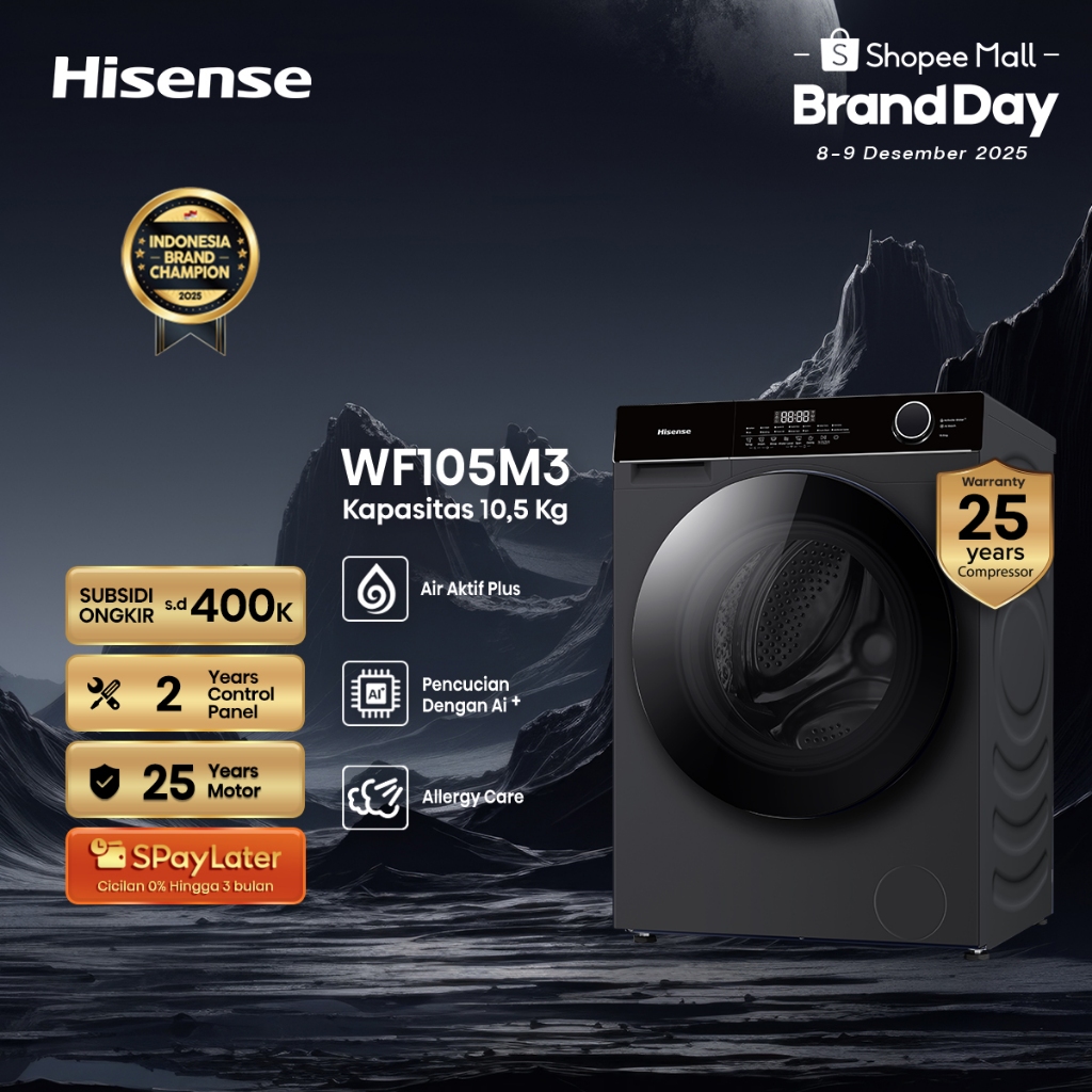 Hisense Mesin Cuci WF105M3 Front Loading Kapasitas 10.5KG 1 Tabung Bukaan Depan Active Water Plus AI